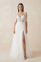 Robe de mariée blanche trapèze en tulle à col V sans manches - Harana