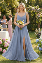 Robe demoiselle d’honneur twilight longue à fines bretelles sans manches avec fente - Harana