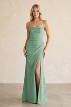 Robe demoiselle d’honneur vert d’eau longue à fines bretelles sans manches avec fente - Harana