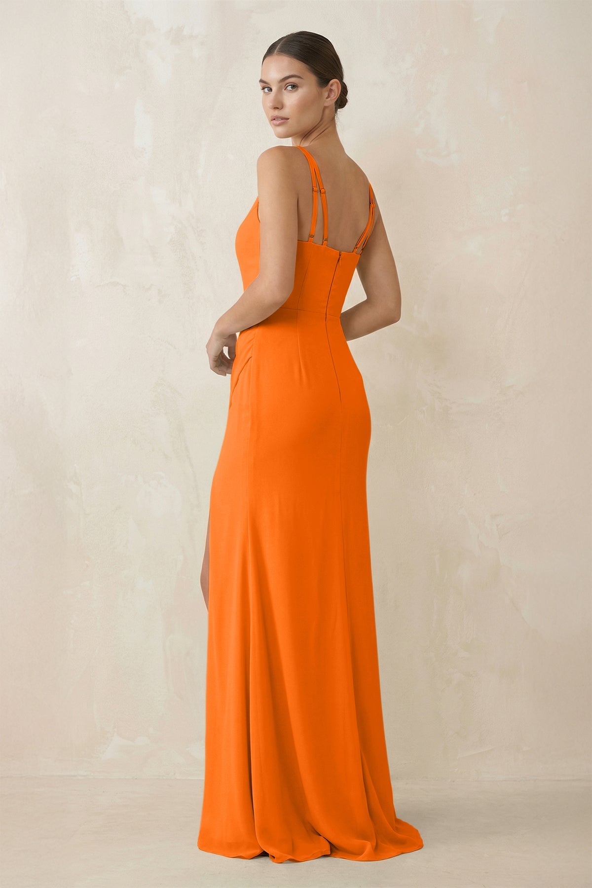 Robe longue orange en mousseline à fines bretelles - Harana