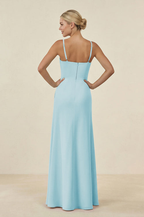Robe de demoiselle d’honneur bleu ciel longue en mousseline coupe fourreau à fines bretelles - Harana
