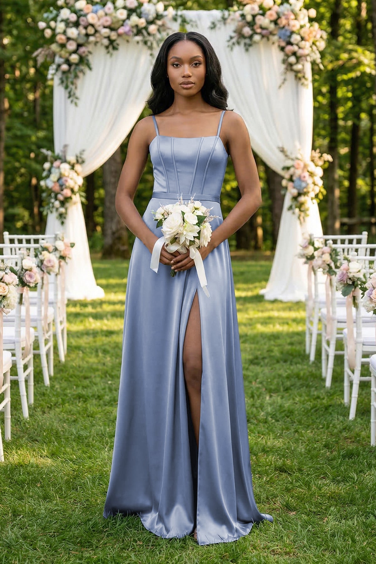 Robe demoiselle d’honneur gris brume longue à fines bretelles sans manches avec fente - Harana