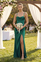 Robe demoiselle d’honneur vert foncé longue à fines bretelles sans manches avec fente - Harana