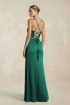 Robe demoiselle d’honneur vert foncé longue à fines bretelles sans manches avec fente - Harana