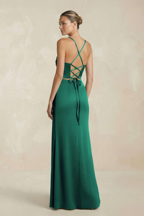 Robe de demoiselle d’honneur vert foncé longue satinée coupe fourreau à fines bretelles effet drapé avec corset - Harana