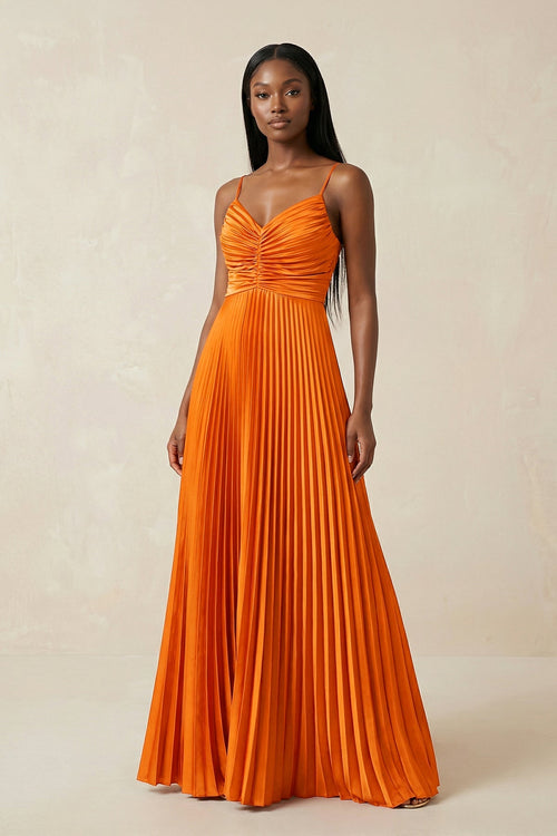 Robe de demoiselle d’honneur orange longue coupe trapèze à fines bretelles plissée - Harana