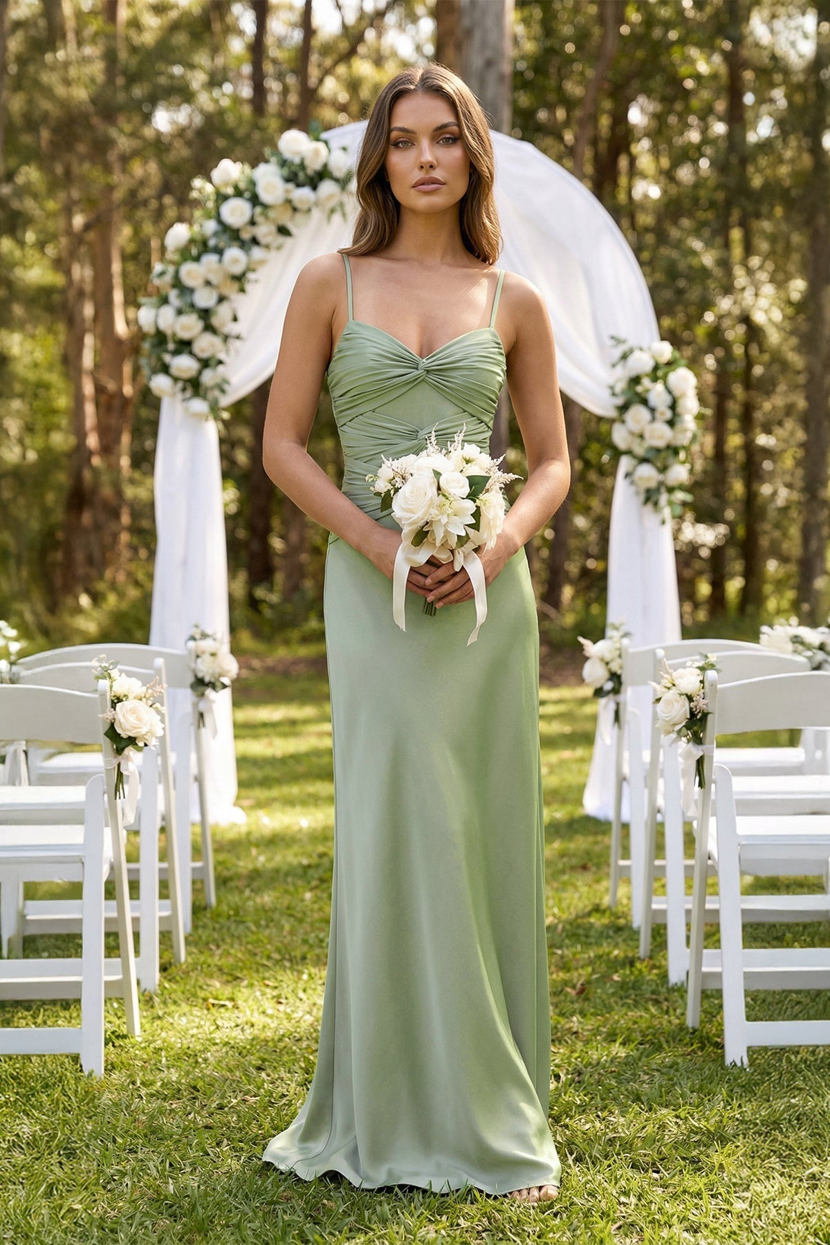 Robe demoiselle d’honneur dove gray longue à fines bretelles sans manches plissée - Harana