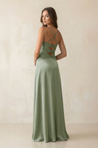 Robe demoiselle d’honneur dove gray longue à fines bretelles sans manches plissée - Harana