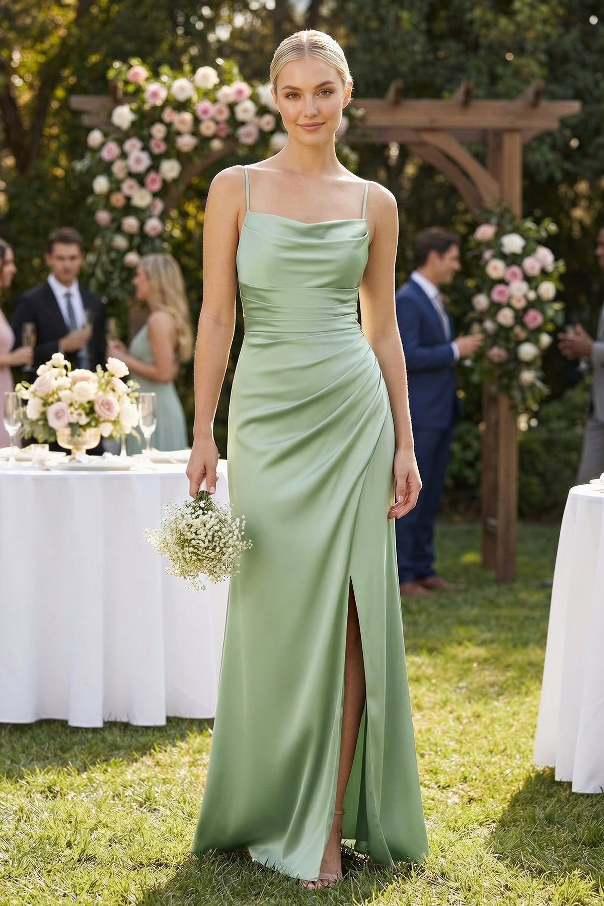 Robe demoiselle d’honneur vert sauge longue à fines bretelles sans manches avec fente - Harana