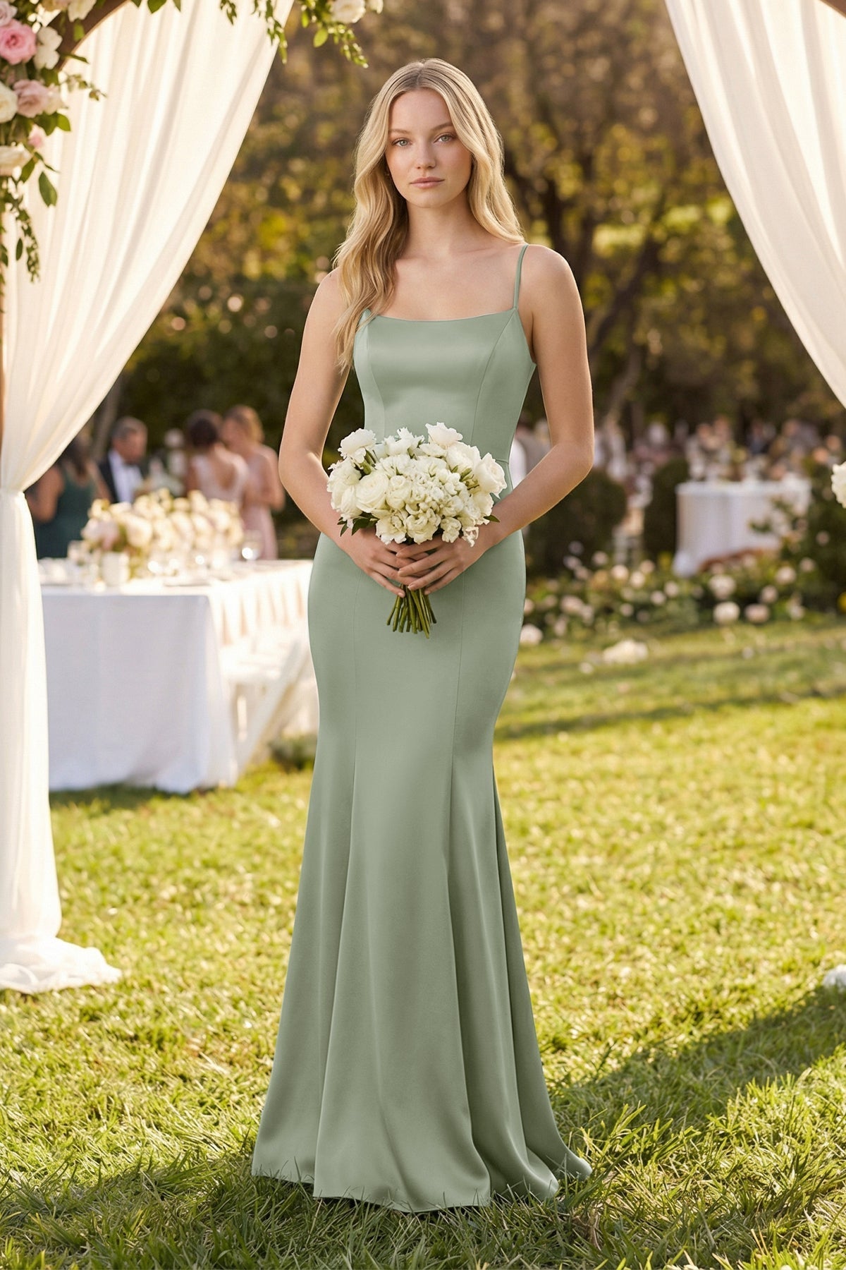 Robe demoiselle d’honneur dove gray longue à fines bretelles sans manches à volants - Harana