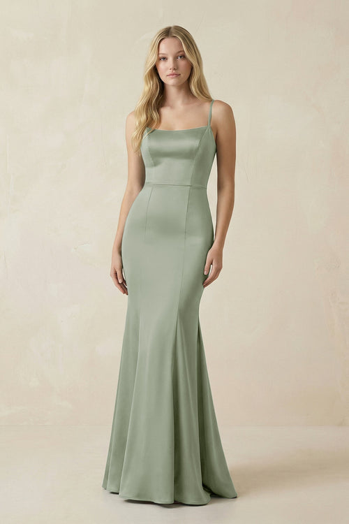 Robe de demoiselle d’honneur gris tourterelle longue satinée à fines bretelles ornée de volants avec nœud - Harana