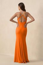Robe longue orange en mousseline avec fente à fines bretelles - Harana