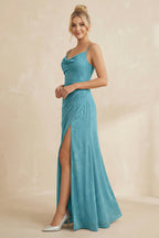 Robe demoiselle d’honneur adriatic blue longue à fines bretelles sans manches avec fente - Harana