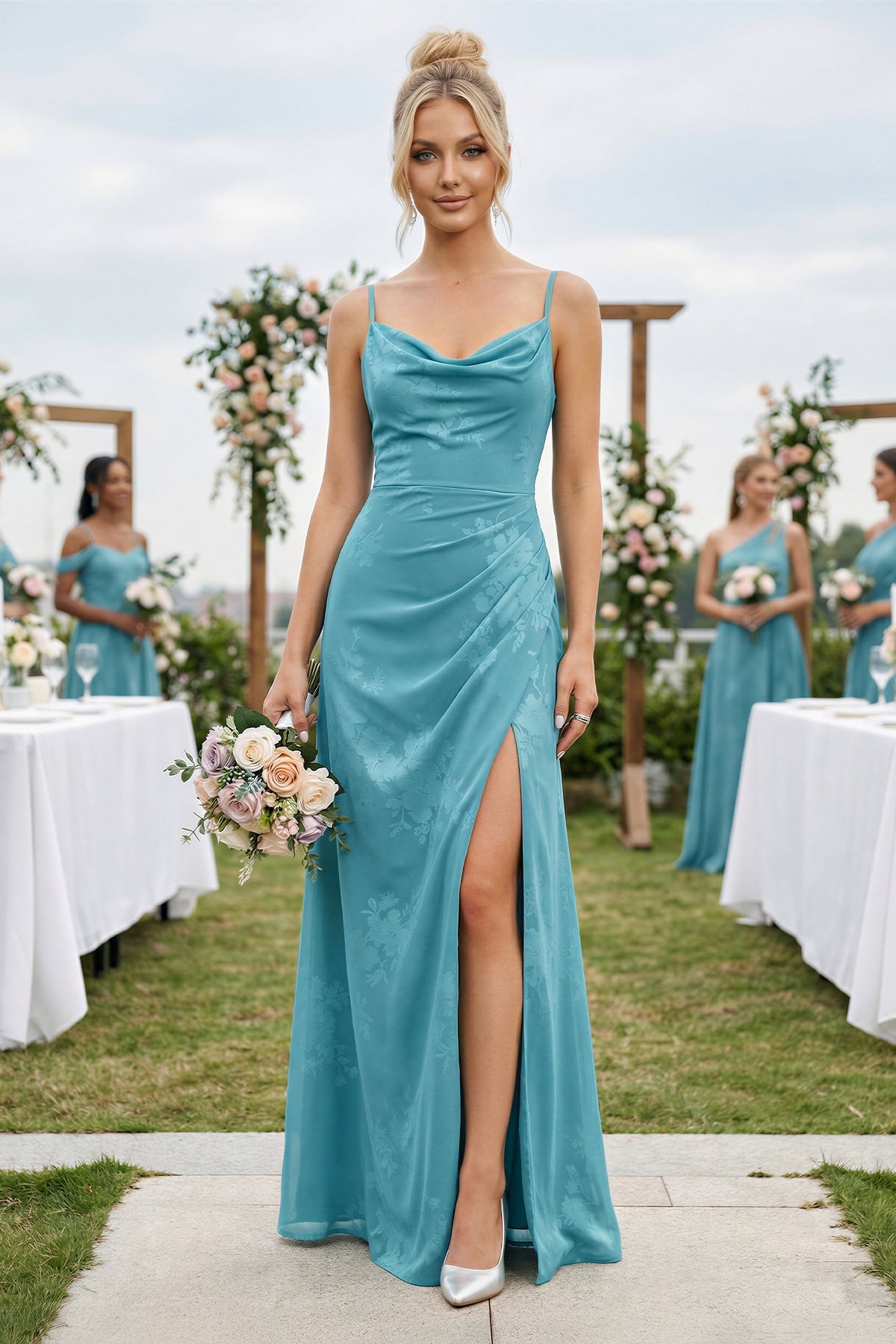 Robe demoiselle d’honneur adriatic blue longue à fines bretelles sans manches avec fente - Harana