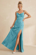 Robe demoiselle d’honneur adriatic blue longue à fines bretelles sans manches avec fente - Harana
