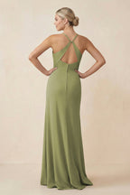 Robe demoiselle d’honneur moss green longue à fines bretelles sans manches avec fente - Harana
