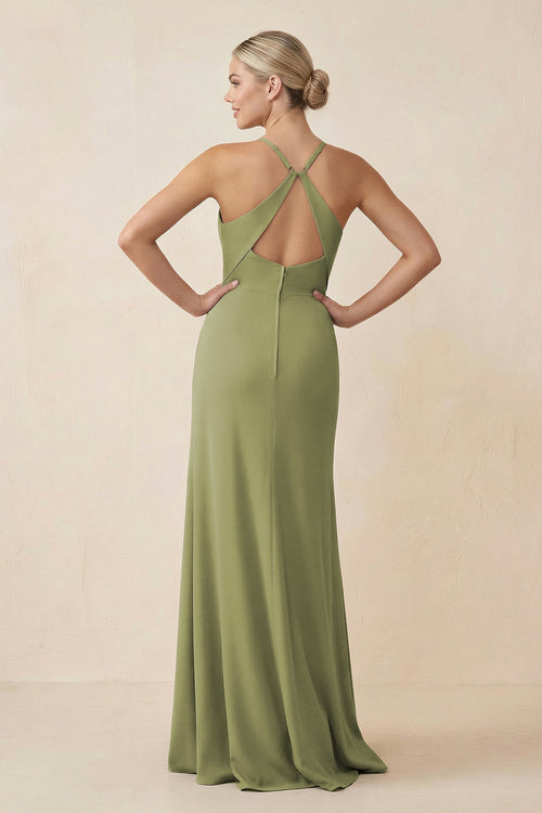 Robe de demoiselle d’honneur vert mousse longue coupe fourreau à fines bretelles effet drapé avec fente - Harana