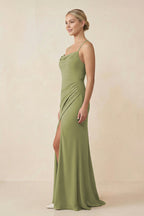 Robe demoiselle d’honneur moss green longue à fines bretelles sans manches avec fente - Harana