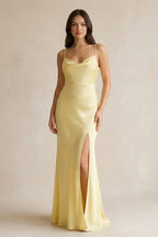Robe demoiselle d’honneur pastel yellow longue à fines bretelles sans manches avec fente - Harana