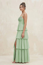 Robe demoiselle d’honneur vert sauge longue à fines bretelles sans manches avec fente - Harana