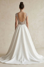 Robe de mariée blanc longue col V effet drapé satinée - Harana