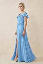 Robe demoiselle d’honneur bleu acier longue col V avec fente plissée - Harana