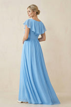 Robe demoiselle d’honneur bleu acier longue col V avec fente plissée - Harana