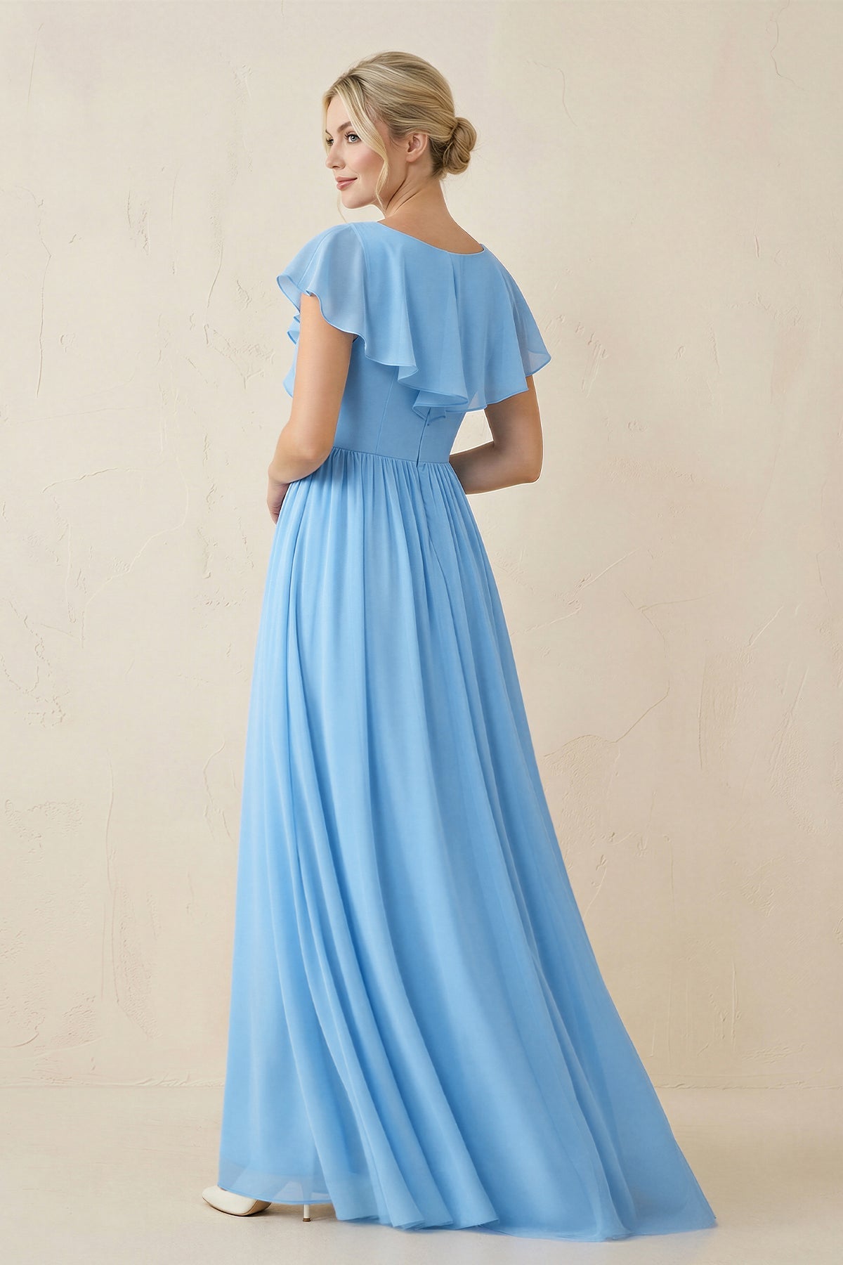 Robe demoiselle d’honneur bleu acier longue col V avec fente plissée - Harana