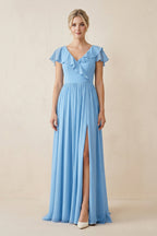 Robe demoiselle d’honneur bleu acier longue col V avec fente plissée - Harana