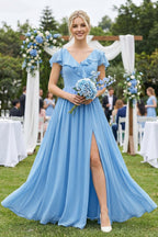 Robe demoiselle d’honneur bleu acier longue col V avec fente plissée - Harana