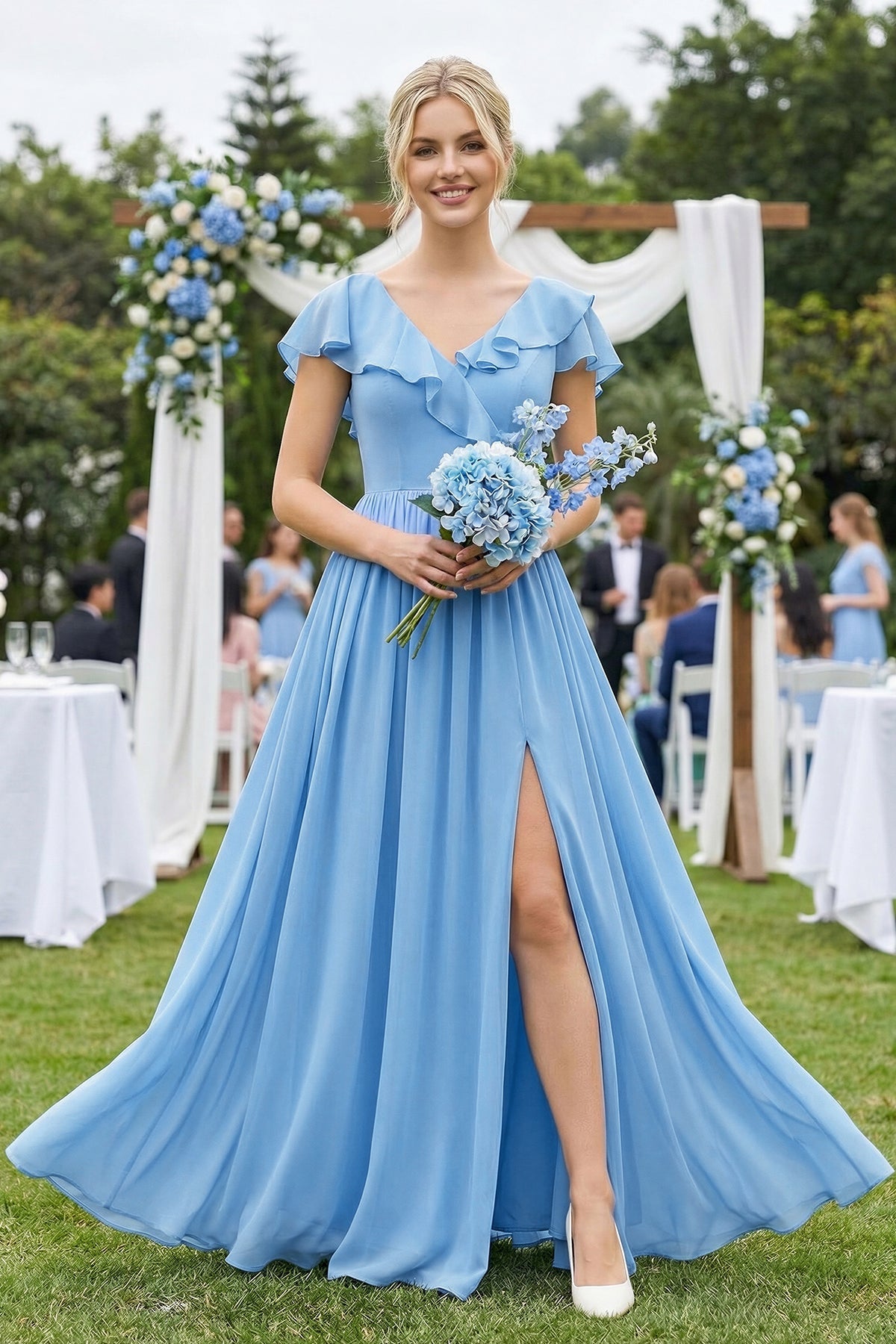 Robe demoiselle d’honneur bleu acier longue col V avec fente plissée - Harana