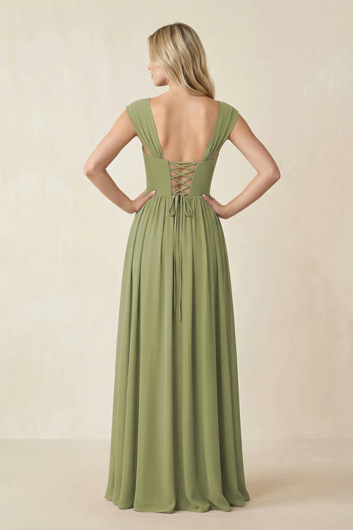 Robe de demoiselle d’honneur vert mousse longue en mousseline coupe trapèze à manches courtes avec corset - Harana
