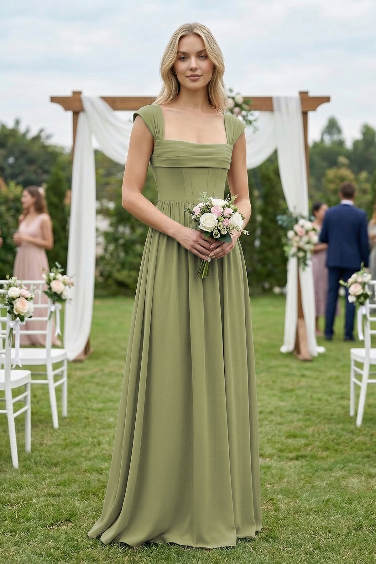 Robe demoiselle d’honneur moss green longue effet drapé à corset à dentelle - Harana