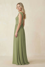 Robe demoiselle d’honneur moss green longue effet drapé à corset à dentelle - Harana