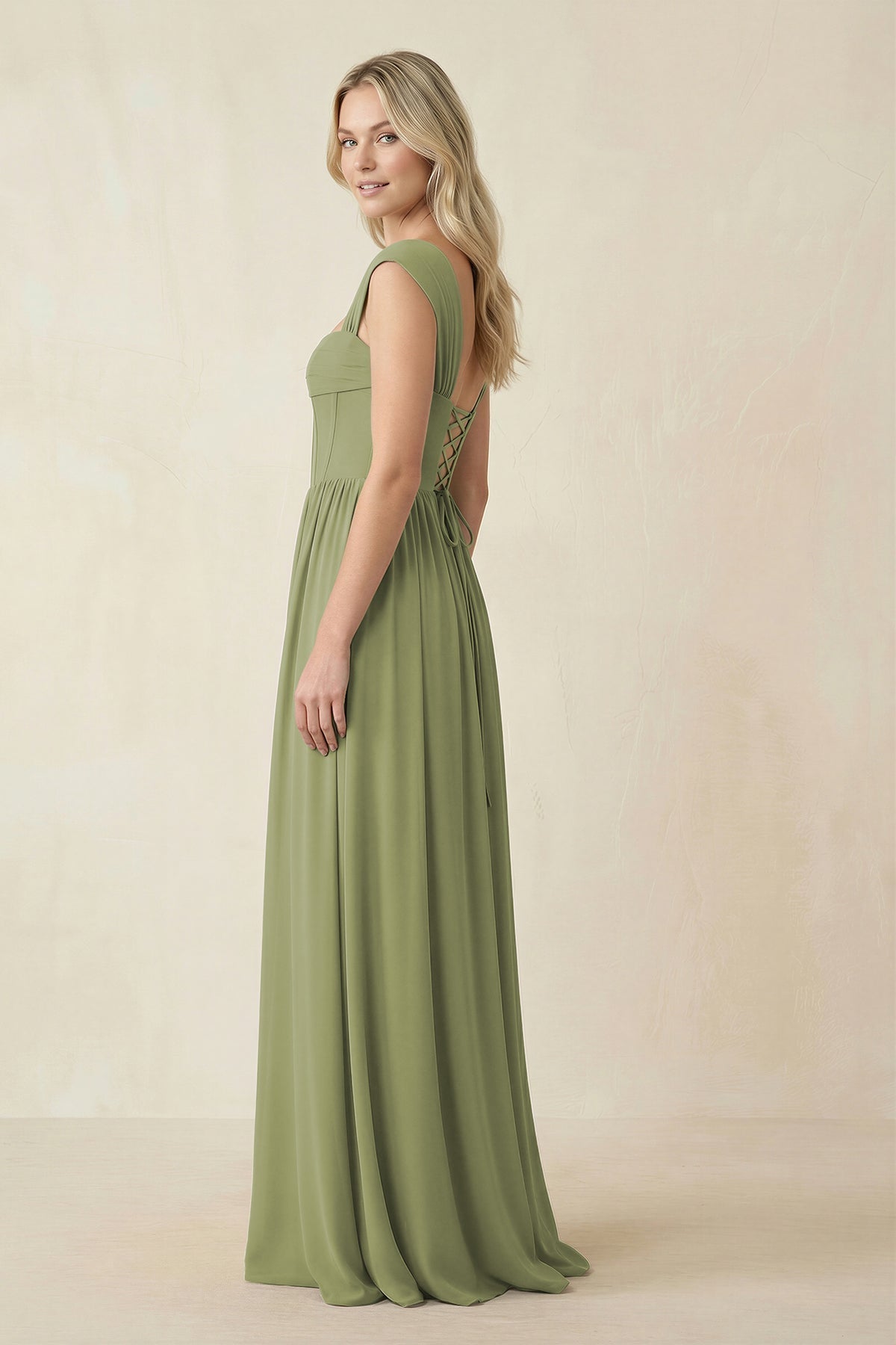 Robe demoiselle d’honneur moss green longue effet drapé à corset à dentelle - Harana