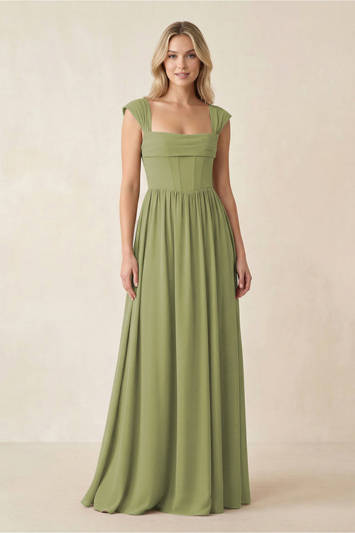Robe de demoiselle d’honneur vert mousse longue en mousseline coupe trapèze à manches courtes avec corset - Harana