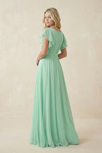 Robe demoiselle d’honneur pale pistachio longue effet drapé à volants en mousseline - Harana