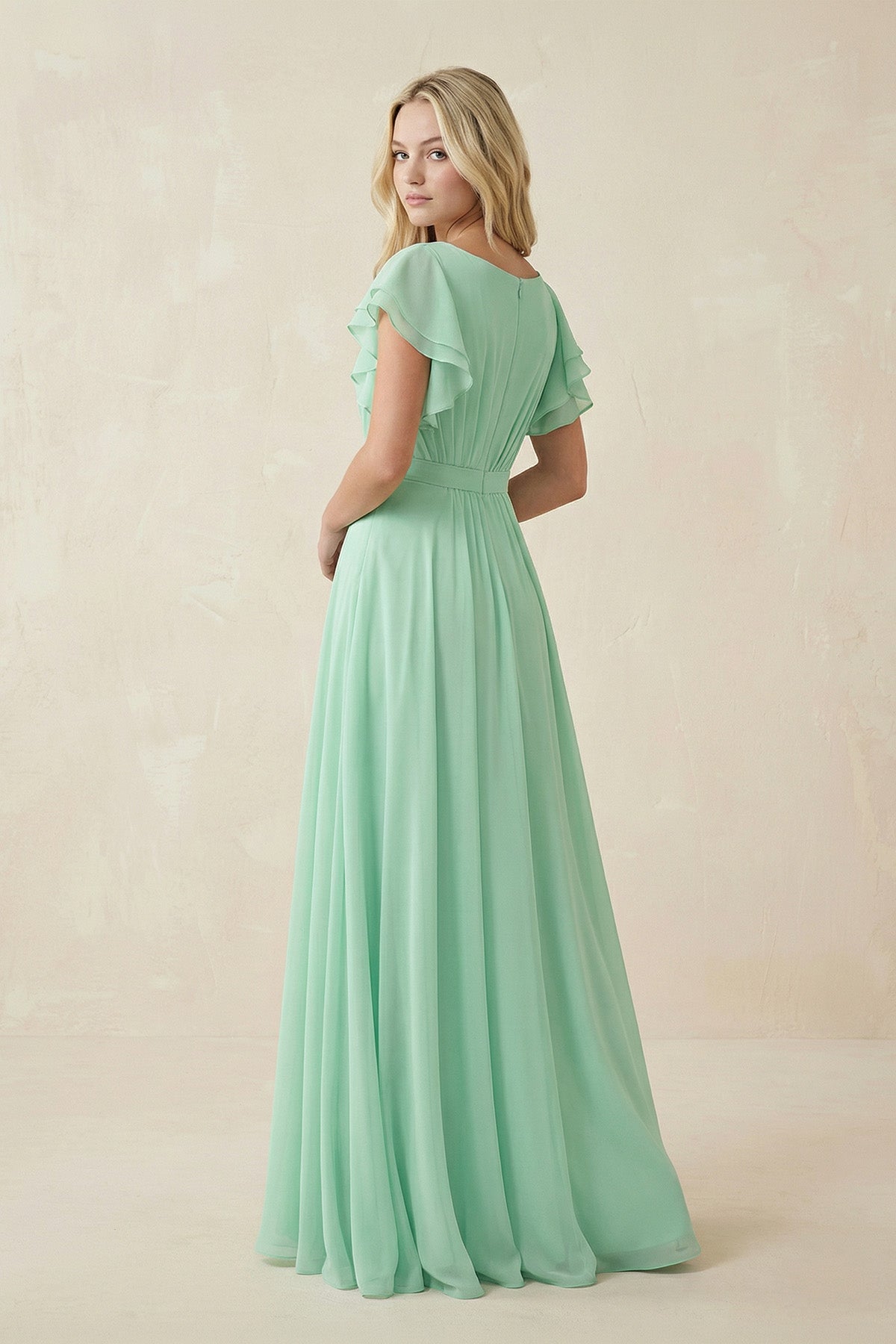 Robe demoiselle d’honneur pale pistachio longue effet drapé à volants en mousseline - Harana