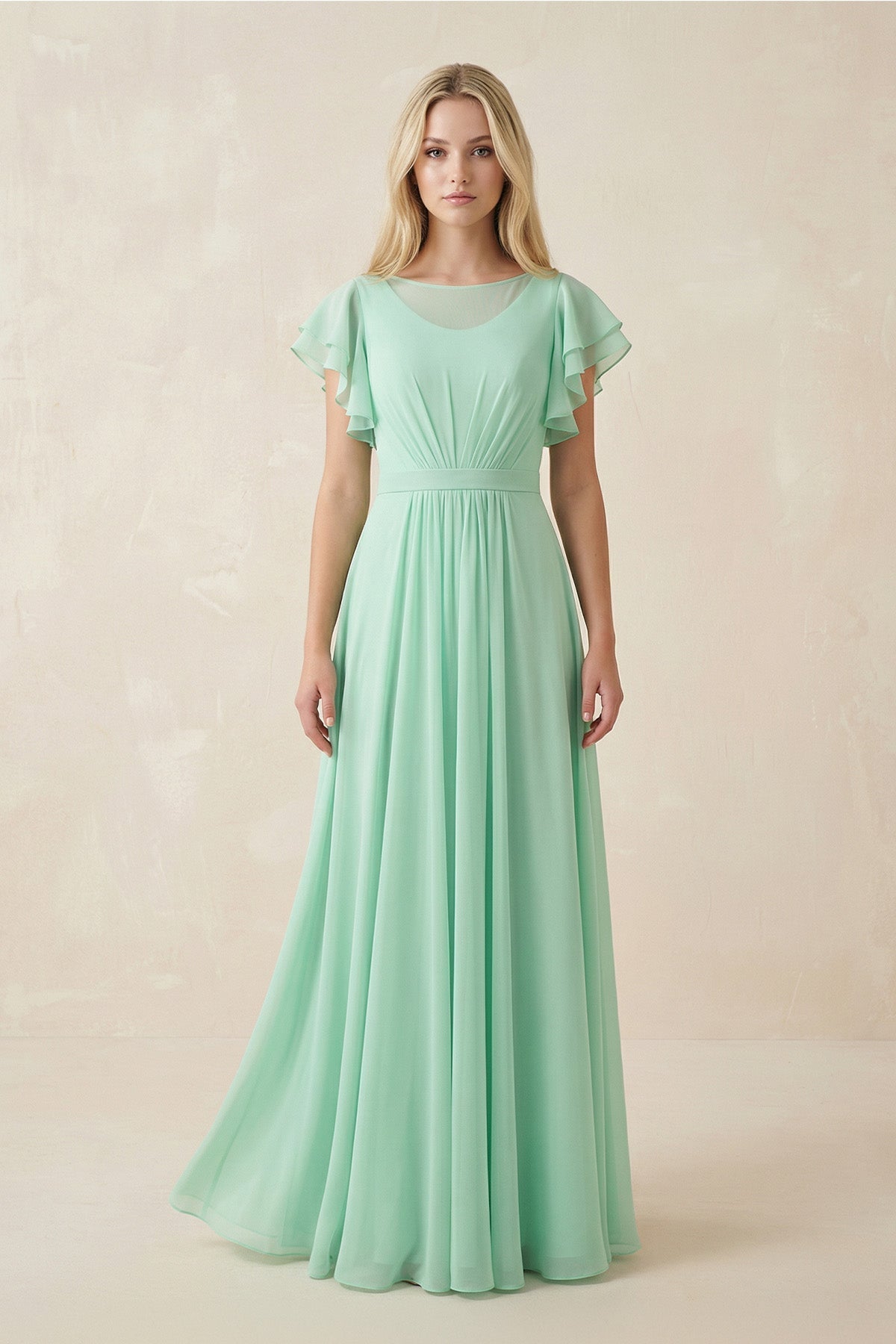Robe demoiselle d’honneur pale pistachio longue effet drapé à volants en mousseline - Harana