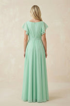 Robe demoiselle d’honneur pale pistachio longue effet drapé à volants en mousseline - Harana