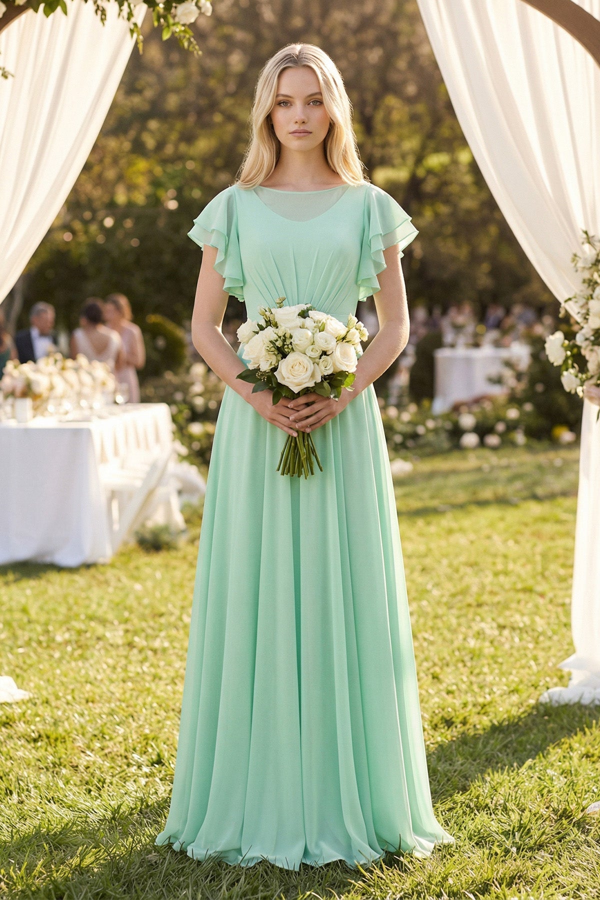 Robe demoiselle d’honneur pale pistachio longue effet drapé à volants en mousseline - Harana