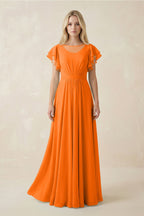 Robe longue orange en mousseline coupe trapèze à volants - Harana