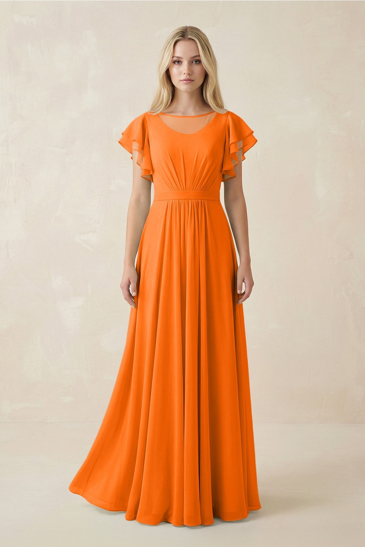 Robe longue orange en mousseline coupe trapèze à volants - Harana