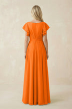 Robe longue orange en mousseline coupe trapèze à volants - Harana