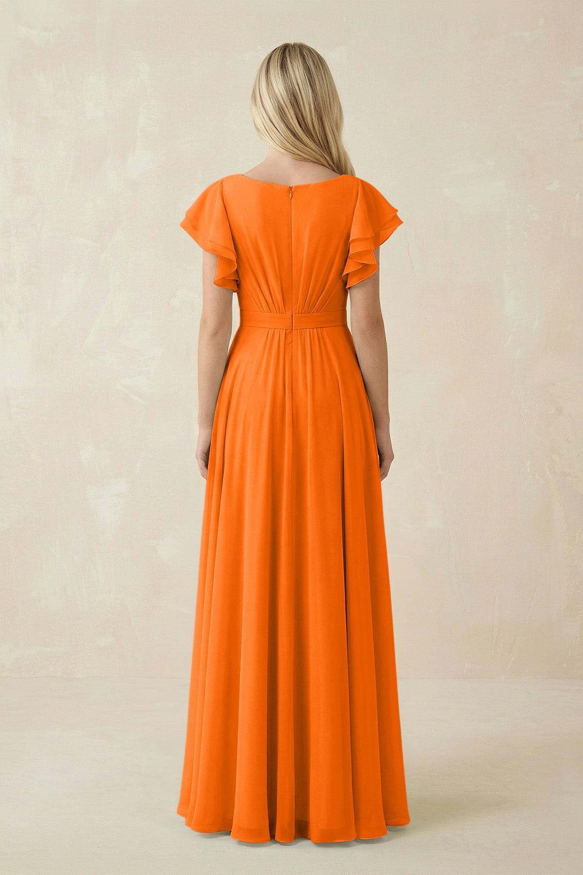 Robe longue orange en mousseline coupe trapèze à volants - Harana