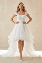 Robe de mariée blanche trapèze dentelle décolleté cœur manches courtes - Harana