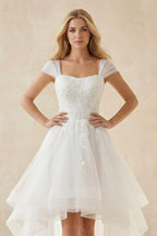Robe de mariée blanche trapèze dentelle décolleté cœur manches courtes - Harana