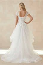 Robe de mariée blanche trapèze dentelle décolleté cœur manches courtes - Harana