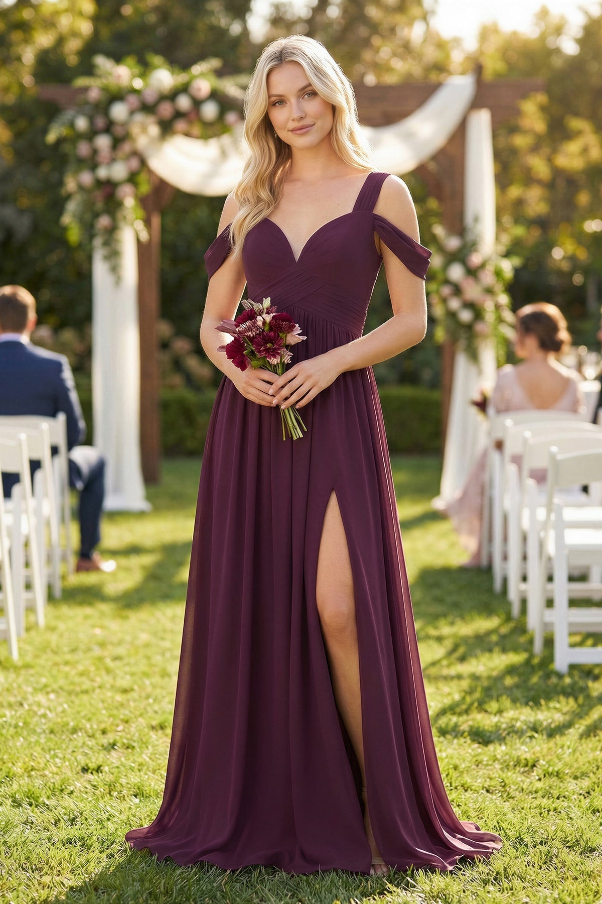 Robe demoiselle d’honneur fig longue col V sans manches avec fente - Harana