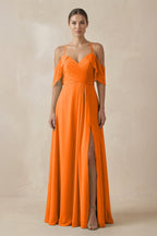 Robe longue orange en mousseline coupe trapèze - Harana